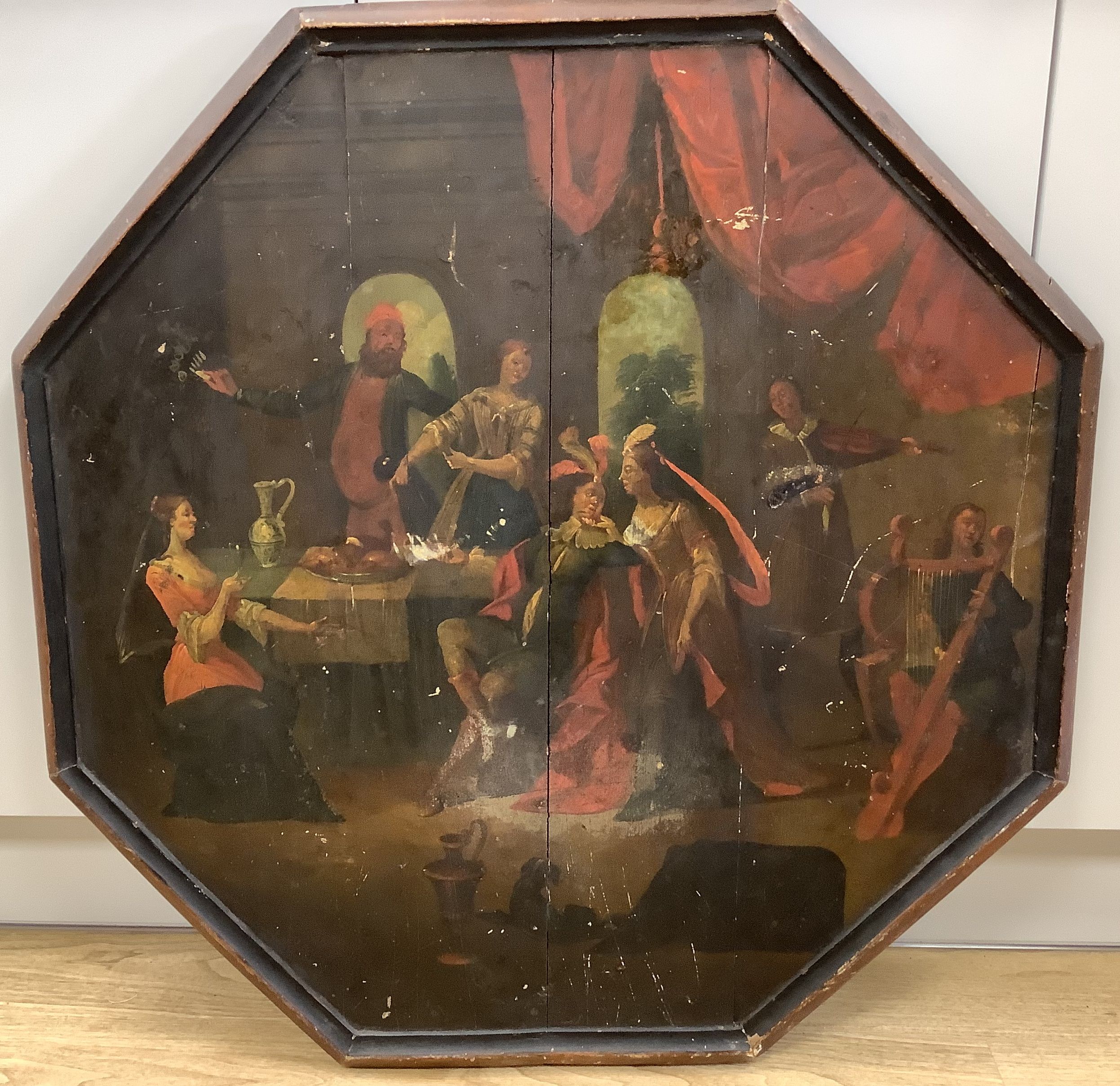 Late 18th century English School, oil on a wooden table top, Interior with revellers, 83 x 80cm